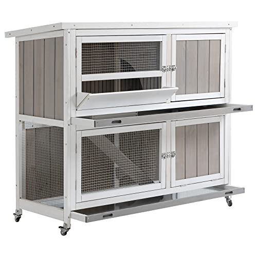 PawHut Clapier pour Lapins 2 Niveaux Toit bitumineux 2 bacs à fumier coulissants 4 Portes verrouillables Rampe avec Roues Dim. 122L x 50l x 100H cm Gris Sapin Blanc