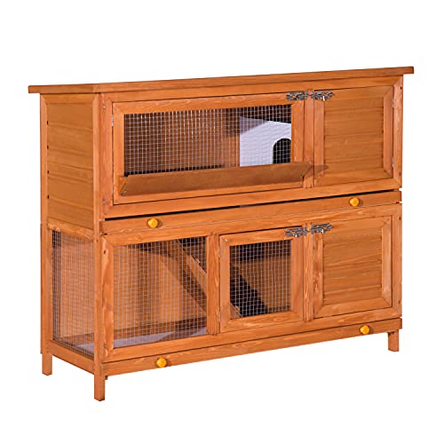 PawHut Cage à Lapin poulailler clapier en Bois de pin de Grande Taille avec 2 étages râtelier à Foin Toit ouvrant dim.120L x 48l x100H cm