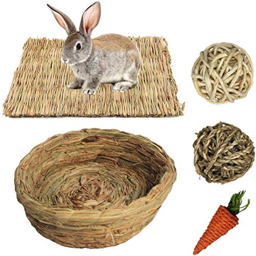 Tapis tissé en herbe pour lapin - Pour creuser le foin - Panier de repos en paille - Pour petits animaux - Jouets à mâcher - Friandises pour hamster, cochon d'Inde, chinchilla, perroquet