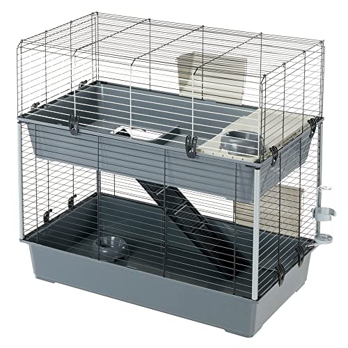 Ferplast Cage à 2 étages pour lapins RABBIT 100 DOUBLE, maisonnette pour petits animaux, clapier avec accessoires inclus, en métal vernis noir et en plastique, 95 x 57 x h 93,5 cm