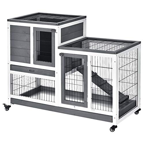 PawHut Clapier à Lapin sur roulettes Cage à Lapin intérieur extérieur 2 étages 2 Portes verrouillables 2 Plateaux coulissants Rampe Bois de Sapin Gris Blanc