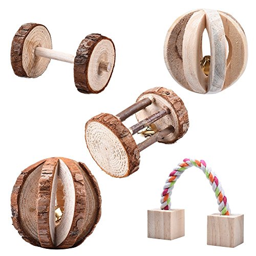 Leisuretime 5 Pcs Animaux Jouets Ensemble Peu Animaux en Bois À Mâcher Jouets Pin Dumbells Monocycle Bell Rouleau Mâcher Jouet pour Chat Lapins Hamster Rat (5 pcs)